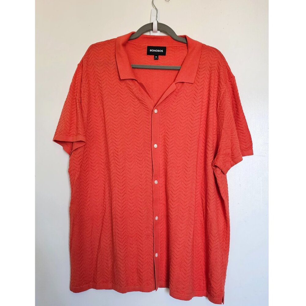 NWOT Bonobos Knitted Button Up Textured Chevron Wave Shirt XXL Coral Red Orange